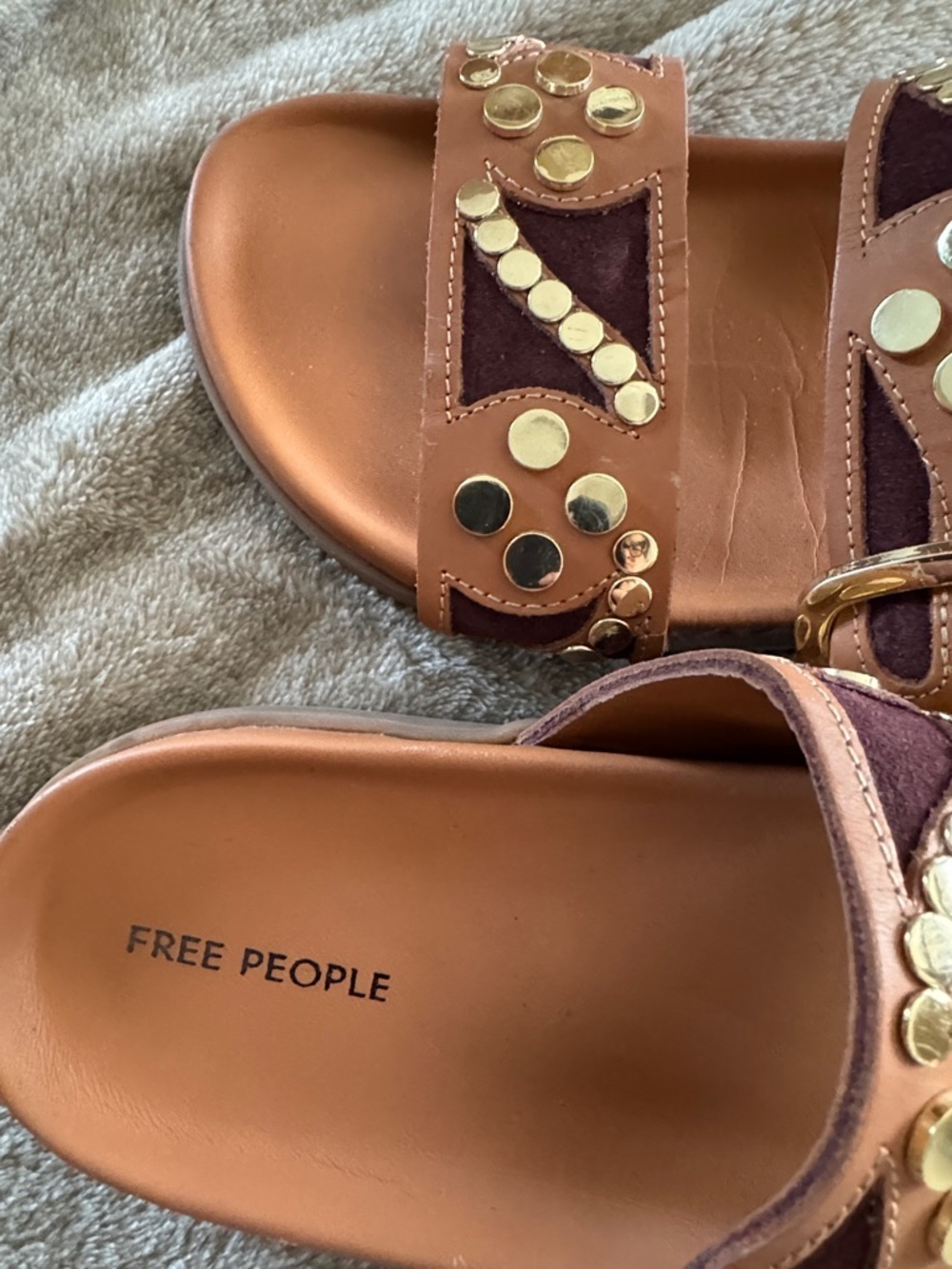Free People Brown Leather Slide Sandals with Gold Studs - Picture 10 of 11